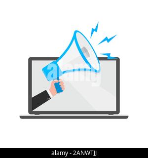 Lautsprecher oder Megaphon in männlicher Hand, die aus dem Bildschirm eines Laptop. Blau Megafon und Laptop, auf weißem Hintergrund. Vektor illustrati Stock Vektor