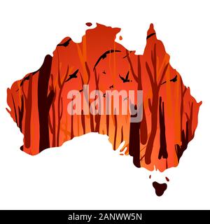 Landschaft mit Wildfire und fliegende Vögel, in Australien Umrisse Silhouette. Vektor Cartoon Illustration. Stock Vektor