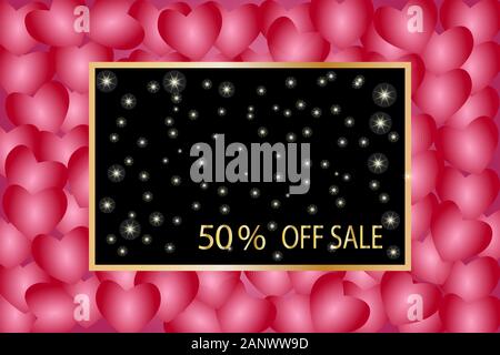 Vorlage von Banner für den Verkauf auf Valentines Tag. Verkauf Plakat mit Herzen, Kopieren, Gold frame. Valentines Tag verkauf Geschenk Karte mit halber Preis Rabatt Stock Vektor
