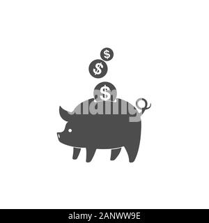 Sparschwein und Münzen Symbol isoliert. Grau Sparschwein mit dem fallenden Dollar Münzen in flacher Ausführung. Vector Illustration. Stock Vektor
