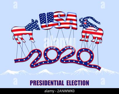US-Präsidentschaftswahl 2020. Elefanten und Esel Inschrift in Farbe der Flagge fliegen auf Luftballons. Abbildung Stock Vektor