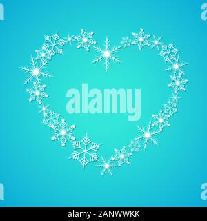 Herz Form der Schneeflocken. Herz aus den Schneeflocken. Abstrakte Weihnachten Hintergrund mit Schneeflocken. Blue Winter Hintergrund. Vector Illustration. Stock Vektor