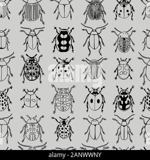 Monotone Käfer schwarzer Linienführung Doodle Design nahtlose Muster auf grauem Hintergrund Stock Vektor
