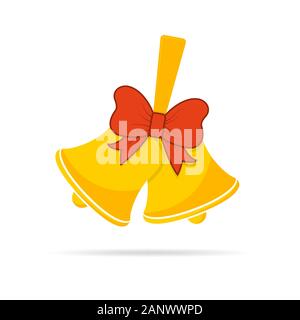 Gelbe Schule Bell mit roter Schleife. Vector Illustration. Hand bell Symbol auf weißem Hintergrund. Stock Vektor