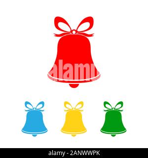 Satz von Weihnachten Handglocken Symbol isoliert. Hand Glocken mit Schleife in vier Farben. Vector Illustration. Stock Vektor