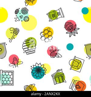 Honig nahtlose Muster mit niedlichen fliegen Bienen, hex Kamm, Stock Vektor