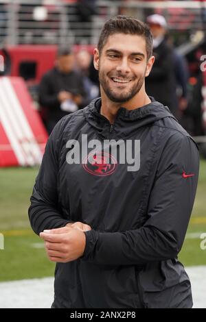 Santa Clara, USA. 19 Jan, 2020. San Francisco 49ers quarterback Jimmy Garoppolo Lächeln vor der NFC Championship Game gegen die Green Bay Packers bei Levi's Stadion in Santa Clara, Kalifornien am Sonntag, 19. Januar 2020. Foto von Jon SooHoo/UPI Quelle: UPI/Alamy leben Nachrichten Stockfoto