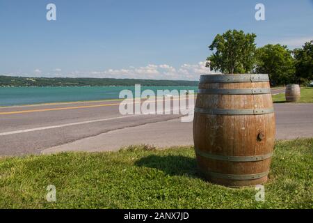 August 2019: Weinfass entlang einer Straße und Cayuga Lake im Hintergrund im Sommer, Sheldrake Point Winery, Finger Lakes Vineyards, New York, USA Stockfoto