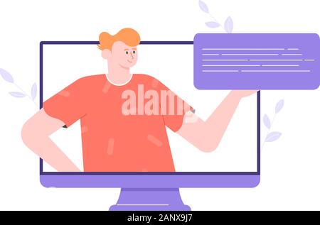 Man Charakter lehnt sich aus dem Monitor. Stock Vektor