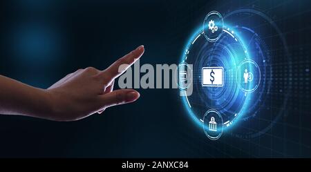 Konzept der digitalen Wirtschaft, e-Payment, und Online Banking. Junge Unternehmer wählen Sie das Symbol E-banking auf dem virtuellen Display. Stockfoto
