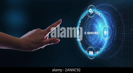 Konzept der digitalen Wirtschaft, e-Payment, und Online Banking. Junge Unternehmer wählen Sie das Symbol E-banking auf dem virtuellen Display. Stockfoto
