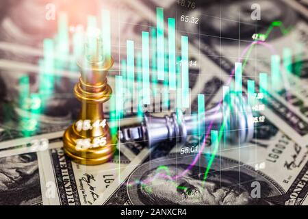 Schachspiel auf Schachbrett hinter dem Hintergrund des Geschäftsmannes. Geschäftskonzept zur Präsentation von Finanzinformationen und Analysen der Marketingstrategie. Investitionen Stockfoto