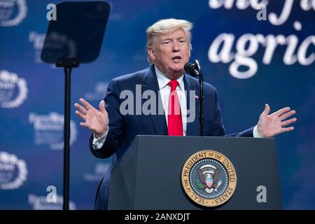 Der Präsident der Vereinigten Staaten Donald J. Trump spricht vor 5.000 Teilnehmern auf der jährlichen American Farm Bureau Federation Convention in Austin, Texas, USA.