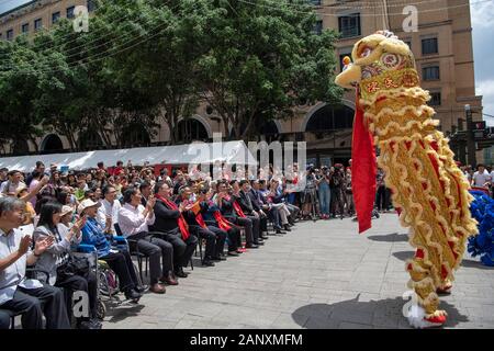 Johannesburg, Südafrika. 19 Jan, 2020. Die Zuschauer applaudieren für die Lion Dance während der Feierlichkeiten für das bevorstehende chinesische Mondjahr in Johannesburg, Südafrika, Jan. 19, 2020. Hunderte von chinesischen und Südafrikaner aller Altersgruppen aus verschiedenen Hintergründen zusammen bei Nelson Mandela Square in Johannesburg am Sonntag chinesische Mondjahr zu feiern. Eine Anzahl der ausübenden Künstler sowohl in China und Südafrika die Teilnehmer mit Musik und Tanz unterhalten. Credit: Chen Cheng/Xinhua/Alamy leben Nachrichten Stockfoto