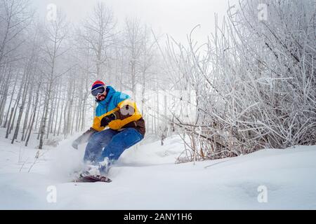 Der Kerl fährt auf frisch gefallenen Schnee im Wald, in den Bergen. Snowboard Freeride Stockfoto