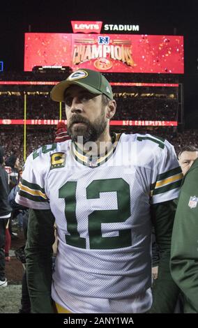 Santa Clara, USA. 19 Jan, 2020. Green Bay Packers Quarterback Aaron Rodgers (12) verlässt das Feld asfter verlieren zu den San Francisco 49ers in der NFC-Meisterschaft an Levi's Stadion in San Jose, Kalifornien, an einem Sonntag, 19. Januar 2020. Die 49ers besiegten die Green Bay Packers 37-20. Foto von Terry Schmitt/UPI Quelle: UPI/Alamy leben Nachrichten Stockfoto