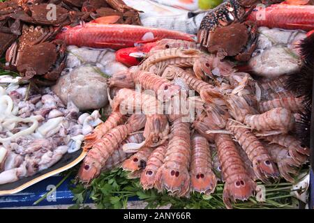 Frisch Garnelen, Krabben und Fisch in Eis, Fischmarkt in Essaouira, Marokko, Nordafrika gefangen Stockfoto