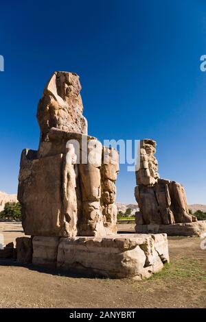 Kolossi von Memnon, massive Steinstatuen von Amenophis III., Luxor, Ägypten, Nordafrika, Afrika Stockfoto