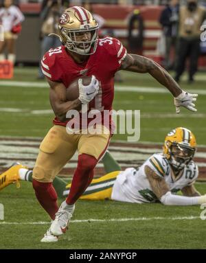 Santa Clara, Kalifornien, USA. 19 Jan, 2020. San Francisco 49ers zurück laufen Raheem Mostert (31) am Sonntag, 19. Januar 2020, in Levis Stadion in Santa Clara, Kalifornien. Die 49ers besiegten die Verpacker 37-20 im NFC Championship Playoff Spiel. Credit: Al Golub/ZUMA Draht/Alamy leben Nachrichten Stockfoto