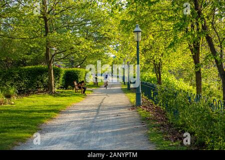 Pittsburgh, Pennsylvania, USA. Mai 7, 2019. Ein Mann ist mit dem Fahrrad unter grünen Bäumen und ein Mädchen sitzt auf einer Bank. Ein Ort für Entspannung oder activ Stockfoto