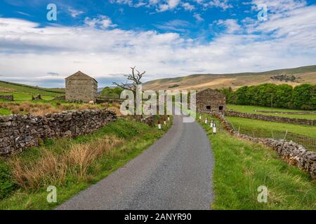 Ländliche Straße und einige Stein Scheunen in der oberen Wensleydale in der Nähe von Hawes, North Yorkshire, England, Großbritannien Stockfoto