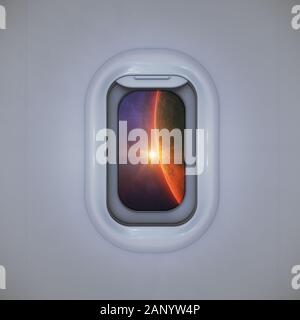 Konzept für zukünftige Flüge. Fensteransicht des Planeten Mars von einem Raumschiff aus. 3D-Rendering-Elemente dieses von der NASA zur Verfügung gestellt Bildes Stockfoto