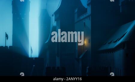 Alte geheimnisvolle Schloss in der Blauen tiefe Nacht. Geschichte Festung unter den nebligen Stimmung. 3D-Darstellung. Stockfoto