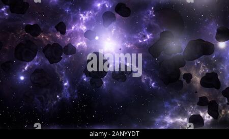 Eine sehr spektakuläre und filmische Asteroidenfeld im Weltraum Galaxy 3D-Darstellung Stockfoto