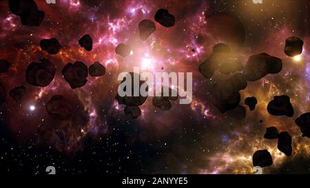 Eine sehr spektakuläre und filmische Asteroidenfeld im Weltraum Galaxy 3D-Darstellung Stockfoto