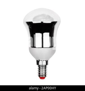 Energiesparlampe mit E14 Sockel isoliert auf Weiss. Stockfoto