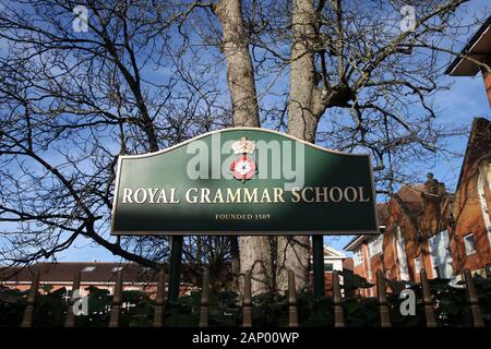 Guildford Royal Grammar School signage, Januar 2020 Stockfoto