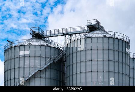 Agrarwirtschaftliches Silo in der Fabrik der Futtermühle. Großer Tank für die Lagerung von Getreide in der Futtermittelherstellung. Saatgut-Vorratsturm für die Futtermittelproduktion. Kommerzieller Feed Stockfoto