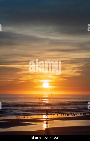 Vertikale Bild einer Sunrise entlang der atlantischen Küste von Port Orange, Florida, mit einem Silhouettiert Mann auf einem Fahrrad reiten auf einem Strand. Stockfoto