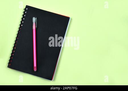 Ein rosafarbener Stift steht über einem Tagebuch, das zum Schreiben bereit ist Stockfoto