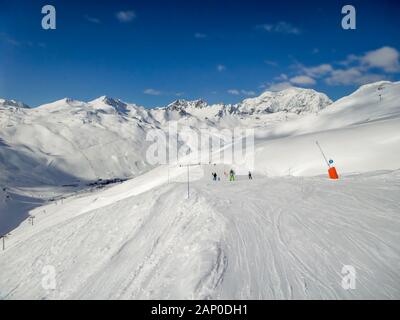 Panorama der Skipisten in Tignes, Skigebiet in den Alpen, Frankreich Stockfoto