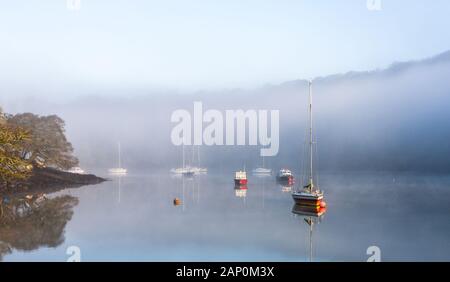 Drake's Pool, Crosshaven, Co Cork, Irland. 20 Januar, 2020 Boote auf einem ruhigen foggy Januar Vormittag in der Drake's Pool, Crosshaven, Co Cork, Irland. - Gutschrift; David Creedon/Alamy leben Nachrichten Stockfoto