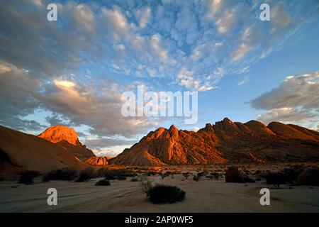 Morgen Licht Stimmung kurz nach Sonnenaufgang in der Spitzkoppeggebiet, genommen am 03.03.2019. Die Spitzkoppe Region und die umliegenden Seite Gipfeln mit ihren Felsformationen gehören zu einem der Wahrzeichen von Namibia, steigt sie auf eine Höhe von 1728 Meter über dem Meeresspiegel. Ein Paradies für Kletterer und Wanderer, die Gegend ist 120 Kilometer nordwestlich von Swakopmund und ist manchmal schwer zu erreichen. Die Bildung, die von weitem sichtbar wurde, war seit 100 Millionen Jahren durch vulkanische Aktivität, die erodiert Papiereinband rock, so dass heute nur die härteren Granitfelsen kann in seiner bizarren Formen gesehen werden erstellt. Pho Stockfoto