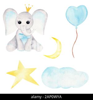 Prince Baby Elefant Hand gezeichnet Raster Abbildung. Tier Junge, Ballon und Himmelskörper Aquarell. Cute aquarelle Elefant Kalb mit Krone Stockfoto