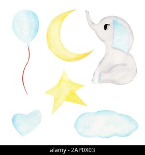 Baby Elefant und Himmelskörper hand Raster Abbildung gezeichnet. Tier Junge und Ballon, Stern, Mond und Wolken Aquarell. Cute isoliert Aquarel Stockfoto