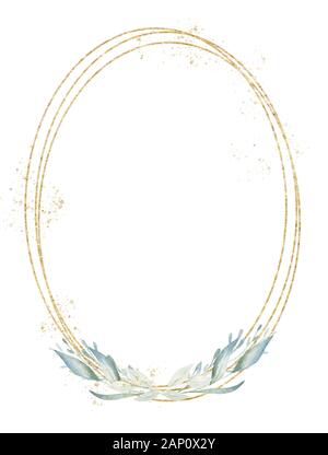 Triple oval botanischen Grenze Hand gezeichnet Raster Abbildung. Goldenes Ellipsen und Pflanze Zweige mit Blättern isoliert Aquarell Komposition. Aquarelle er Stockfoto