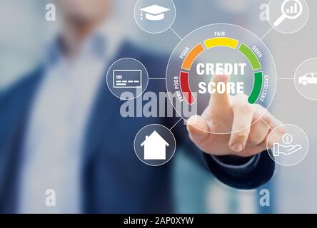 Credit Score Rating für Schulden, die Berichte über die Kreditwürdigkeit oder das Risiko des Einzelnen für Studenten Darlehen, Hypotheken und Kreditkarten, Konzept mit b Stockfoto