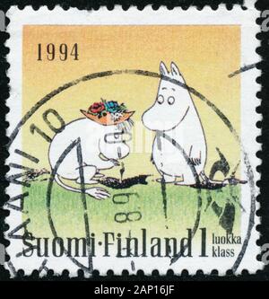 Poltawa, Ukraine - Januar 20, 2020. Vintage Stempel in Finnland ca. 1994 Freundschaft gedruckt Stockfoto