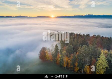 Züricher Oberland mit Blick vom Pfannenstiel von Multschenstock und Glaernisch bei Sonnenaufgang. Zürcher Oberland, Schweiz Stockfoto
