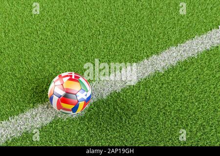 3D-Render: Fußball mit Flags von allen Ländern, in denen der Fußball-EM 2020 Stockfoto