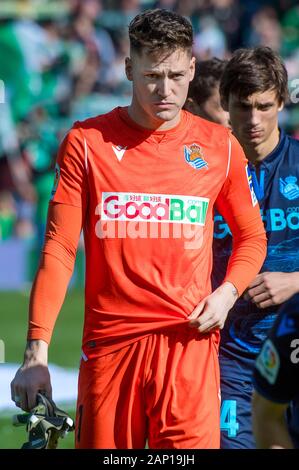 SEVILLA, 08-07-2020. Primera Division Liga. LaLiga. Estadio Benito Villamarin. Alejandro Remiro (Real Sociedad) während des Spiels Real Betis - Real Sociedad. Stockfoto