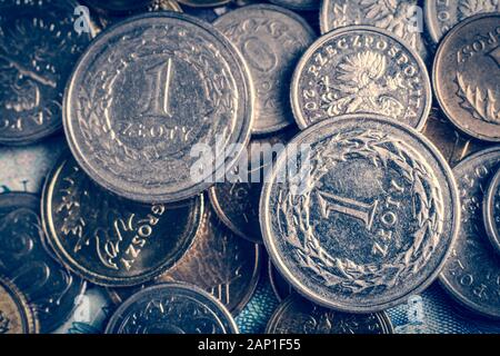 Zwei ein Złoty-Münzen auf weitere polnische Münzen und Scheine Stockfoto