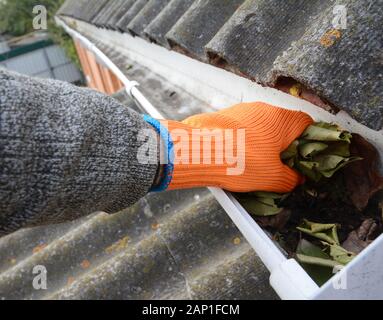 Dachdecker Reinigung Regenrinne aus Blättern. Dachrinne reinigen. Haus Dachrinnen reinigen. Stockfoto