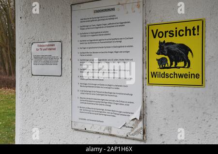 20. Januar 2020, Mecklenburg-Vorpommern, Greifswald: ein Schild mit der Aufschrift "Vorsicht! Wildschweine' hängt, auf dem Gelände des Volksstadion. Die Wildschweine, die sich auf dem weitläufigen Gelände des Volksstadion gewohnt haben, sind in der Zeit gefahren. Das Stadion ist am 21.01 wieder geöffnet werden muss. 2020. Letzten Freitag die Stadt Förster hatte versucht, ein Rudel Wildschweine aus dem volksstadion Bereich zu fahren. Die volksstadion war dann geschlossen worden, und das Fußballspiel der Greifswalder FC gegen die U19 des FC Hansa Rostock, für Freitag Abend geplant, wurde aus Sicherheitsgründen abgesagt. In Fe Stockfoto