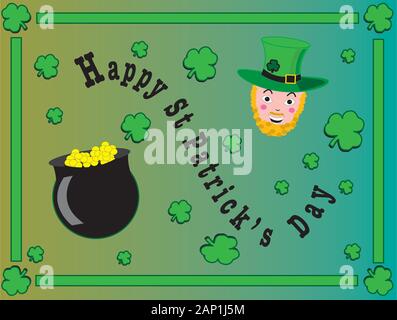 Happy St Patrick's Day Greeting Card Design zeigt ein Kobold und Schüssel von Münzen ona grünen Farbverlauf Hintergrund mit Shamrocks Stockfoto