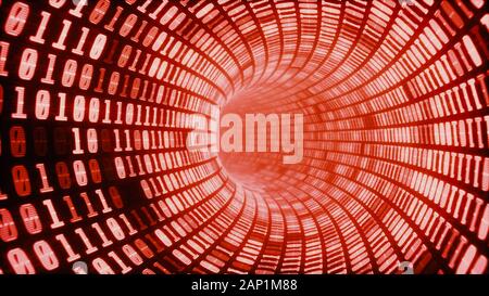 Binären code Tunnel, leuchtende Neon style, binäre Daten Wurm Loch Hintergrund, rote Farbe Stockfoto